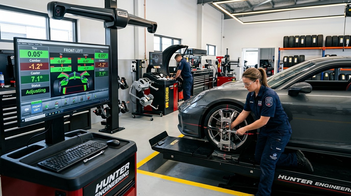 Computerized 3D wheel alignment equipment and technician