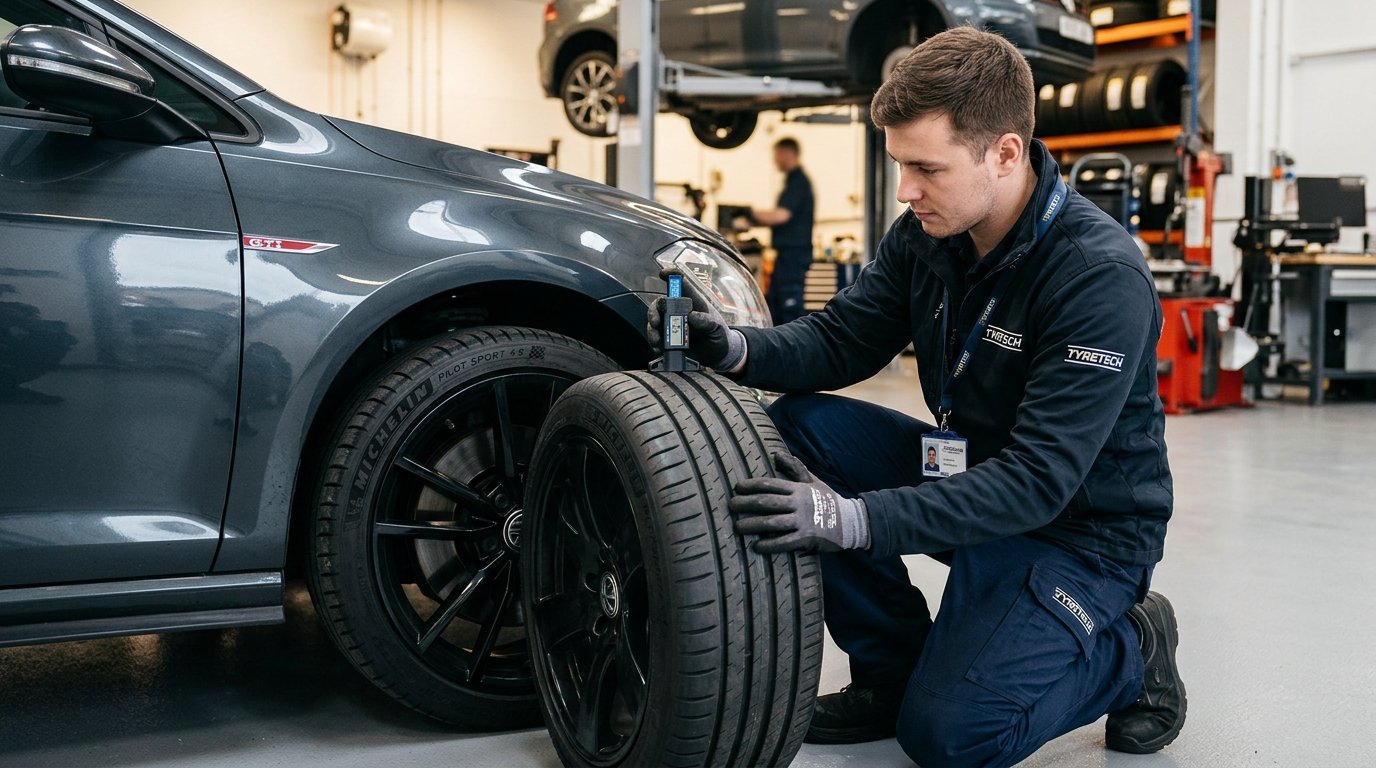 Automotive technician inspecting tyre tread depth